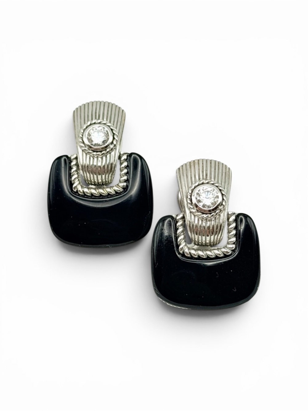 Judith Ripka 925 Sterling Silver Black Onyx CZ Door Knocker Clip-On Earrings